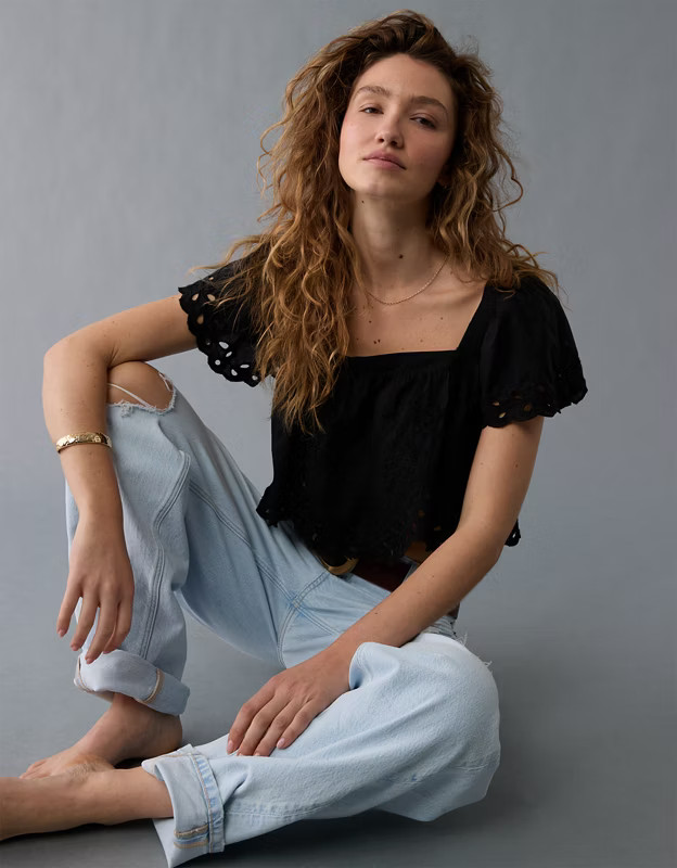 AE Tie Back Eyelet Crop Top | American Eagle Outfitters (US & CA)