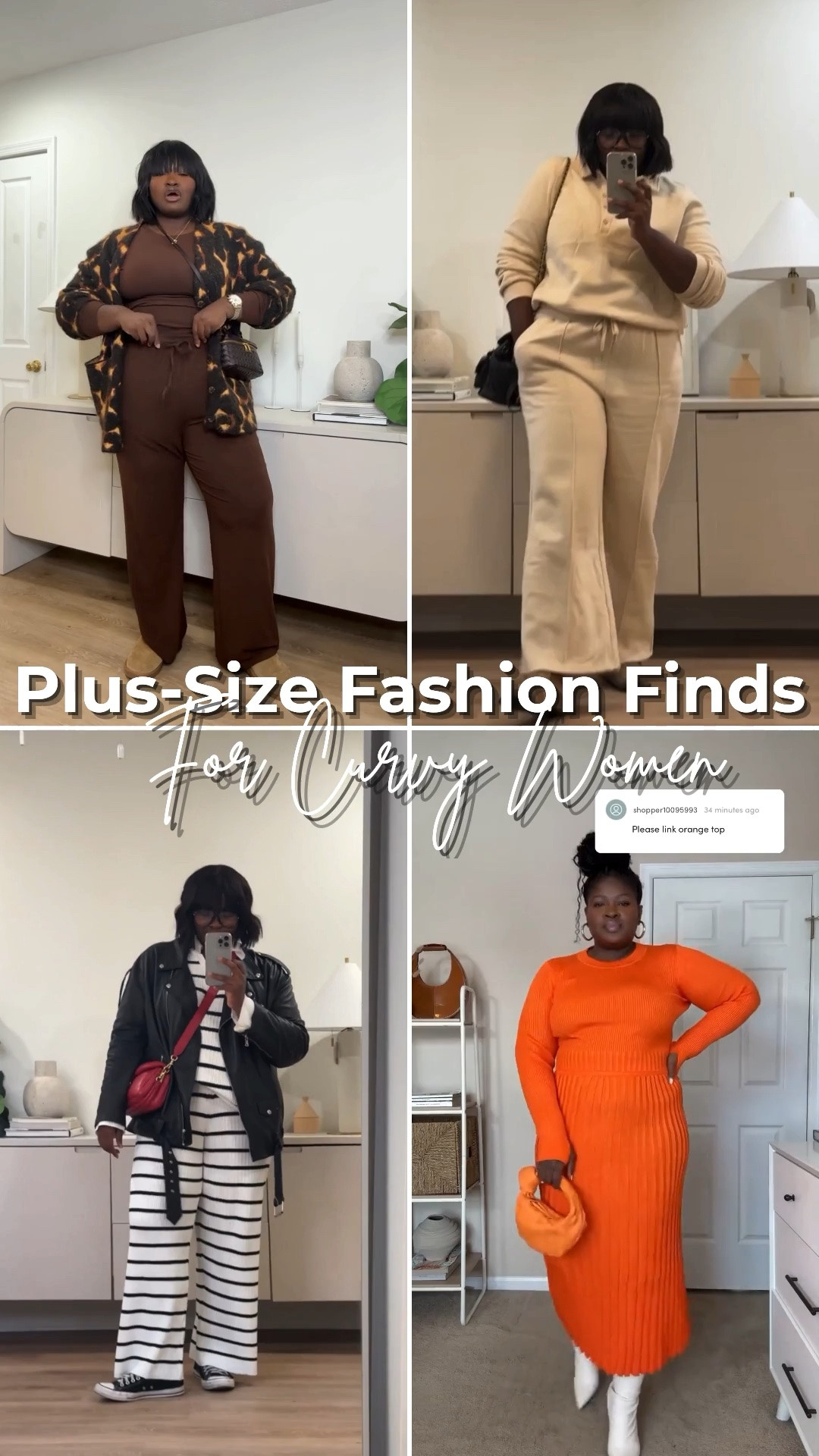 Getting ready doesn't need to involve a complicated outfit formula. Matching sets make styling simple, wide-leg pants offer a relaxed silhouette, and a colorful dress can do all the talking on its own. plus-size fall outfits, curvy outfit ideas, plus-size fashion inspiration, matching lounge set women, wide-leg pants outfit, striped jumpsuit outfit, orange knit midi dress, casual outfits for women, comfortable everyday outfits, plus-size style ideas. @amazonfindsandfashion @boohoo @ASOS