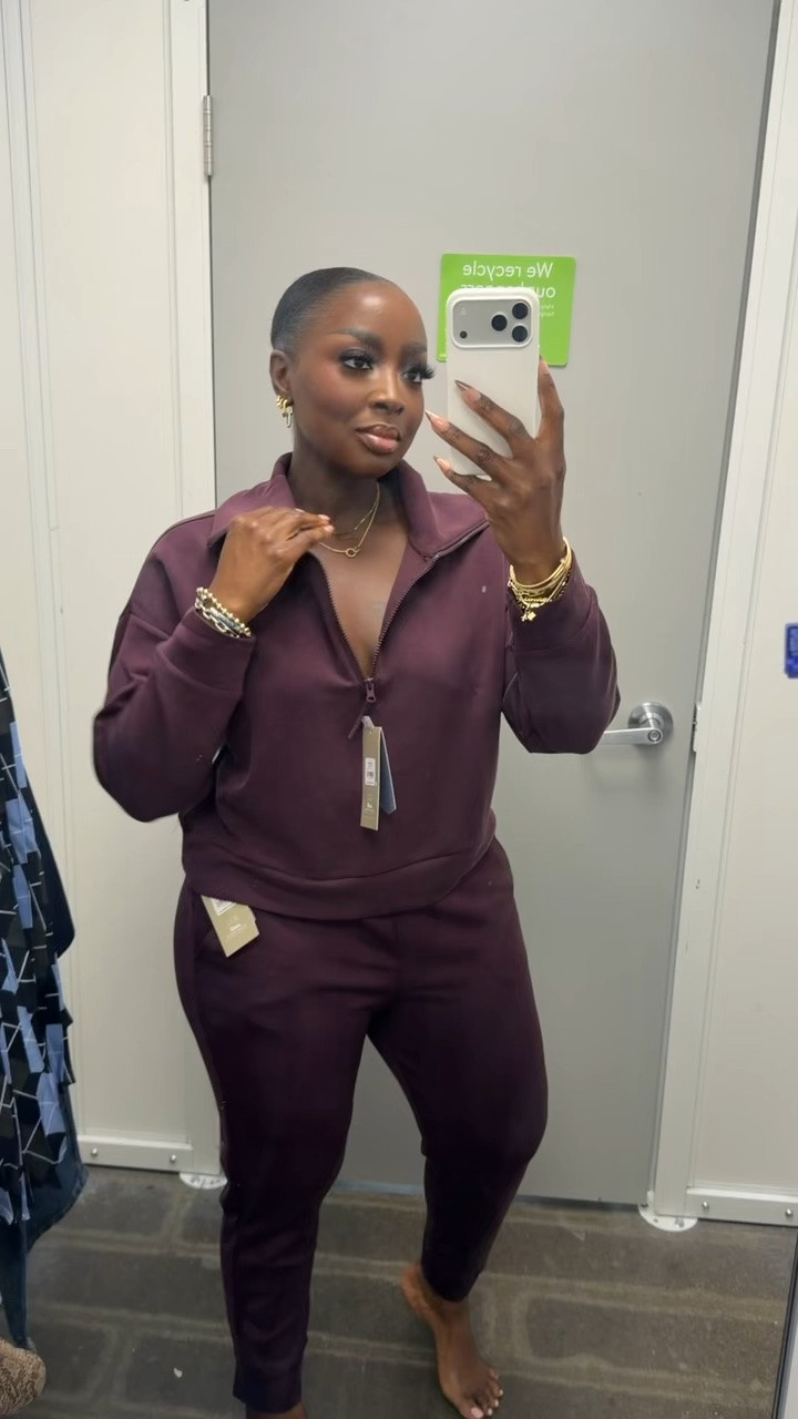 Wearing a L in this loungewear set from Walmart. The scuba knit material is soooo soft. Pants are tapered at the ankle.