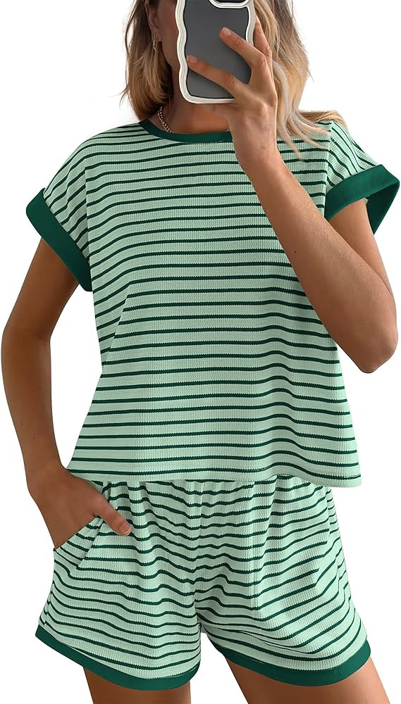 BTFBM Womens Striped Knit Sets 2 Piece Outfits 2025 Summer Short Sleeve Tops Elastic Waist Shorts... | Amazon (US)