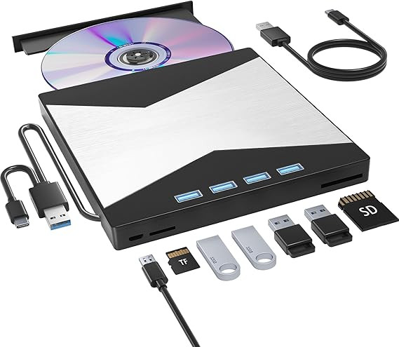 External CD/DVD Drive for Laptop, DVD Player for Laptop, 8 in 1 Ultra-Slim CD Burner with 4 USB P... | Amazon (US)