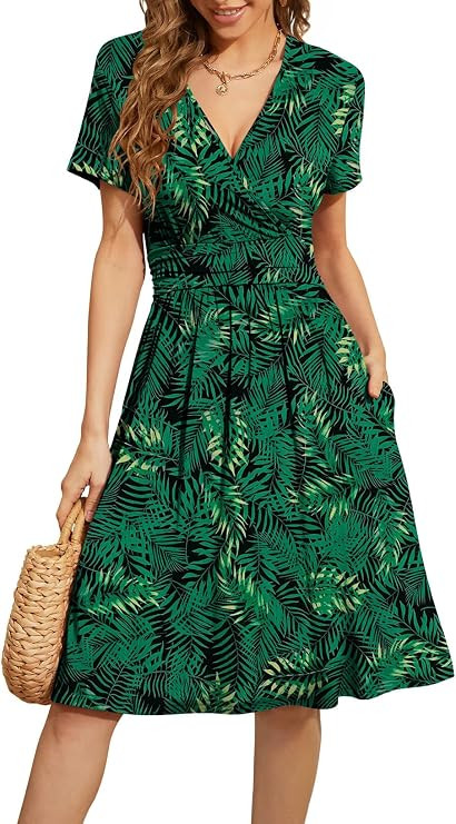 WEACZZY Women's Summer Short Sleeve Casual Dresses V-Neck Floral Party Dress with Pockets | Amazon (US)