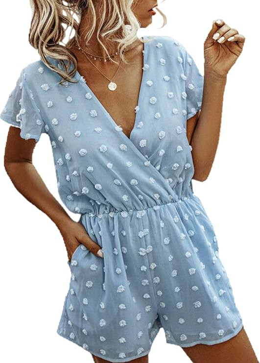 Angashion Women’s Rompers-Summer Deep V Neck Wrap Floral Polka Dot Short Sleeve Beach Short Jum... | Amazon (US)