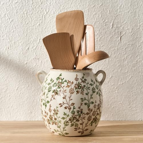 JIEMEI HOME Kitchen Utensil Holder with Handle, 6.69" Stable Pastoral Floral Ceramic Utensil Crock for Countertop, Utensil Organizer with Cork Bottom, Spatula Holder For Kitchen Decor, Green and Beige | Amazon (US)