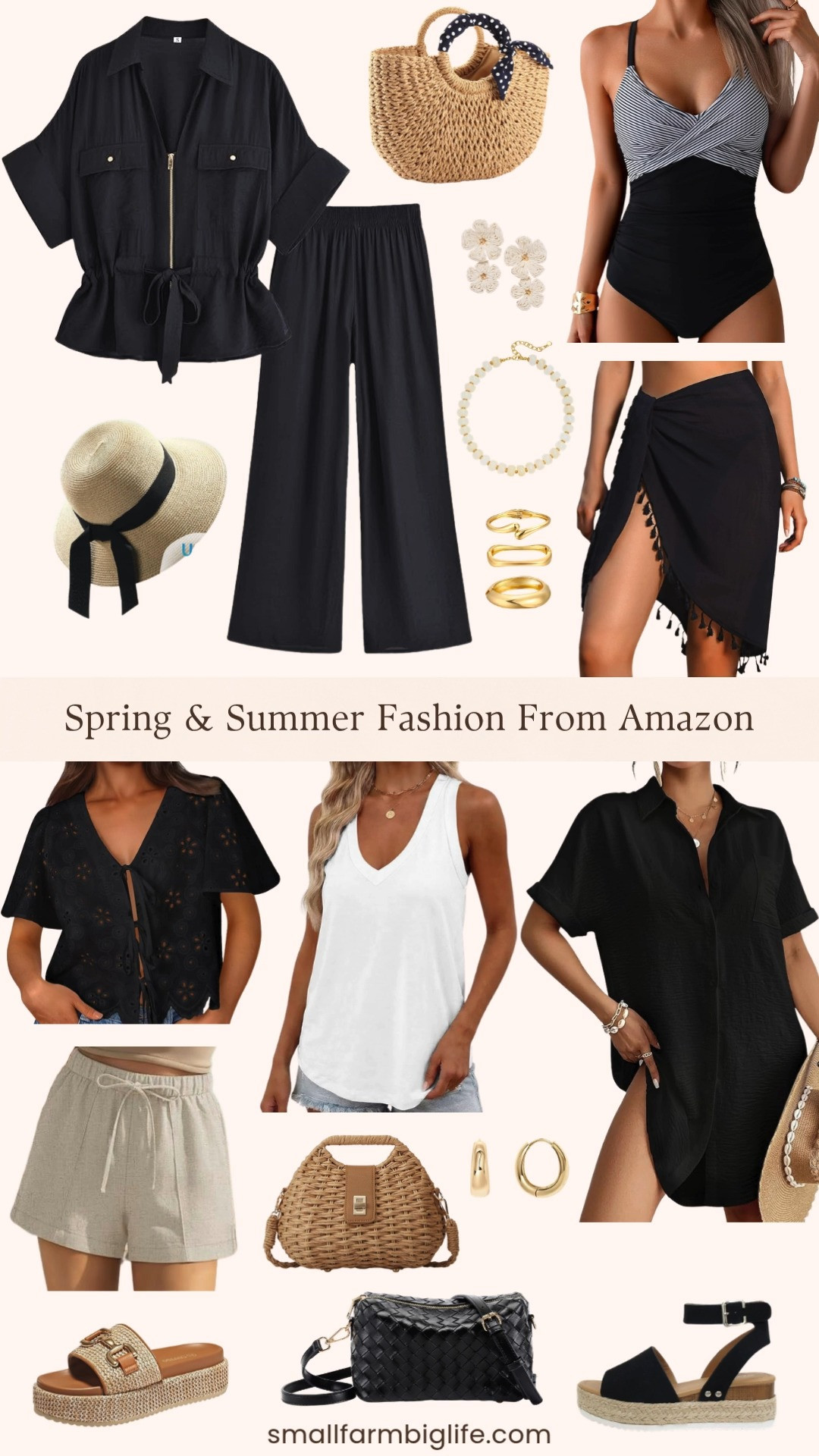 Spring and summer fashion favorites from Amazon and this round up has everything you need for the season ahead 🌿✨ Gold hoop earrings, a black woven crossbody bag, a handmade straw woven beach clutch, a white V neck tank top, a black button front swimsuit coverup shirt dress, beige and black two pack casual linen shorts, a black tie front eyelet top, natural raffia platform espadrille sandals, black open toe buckle ankle strap espadrilles, chunky gold bangle bracelets, a beige beaded necklace, cream floral raffia flower drop earrings, a natural and black band beach sun straw hat, a large handmade straw beach tote bag, a black beach sarong cover up wrap, a black and white one piece swimsuit, and a black short sleeve wide leg linen two piece outfit. So many beautiful pieces in this round up that all work together so effortlessly for the most stylish and put together spring and summer wardrobe. Whether you are heading to the beach, a vacation, a summer gathering, or just need easy everyday pieces Amazon has you completely covered right now at the best prices. Everything is linked! 🛒🌿 

 #LTKgrwm #LTKootd #LTKOver40