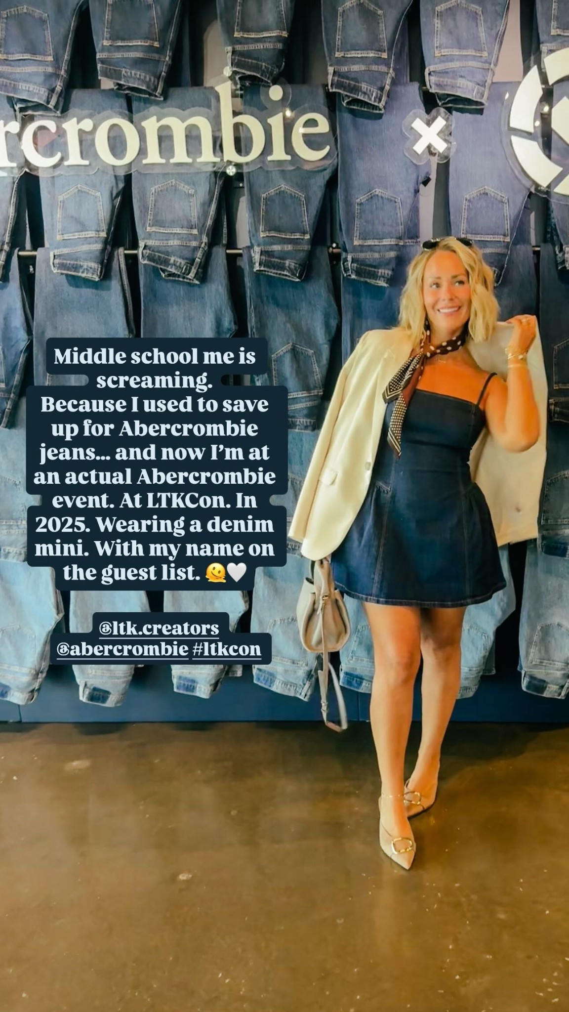 Middle school me is screaming.
Because I used to save up for Abercrombie jeans… and now I’m at an actual Abercrombie event. At LTKCon. In 2025. Wearing a denim mini. With my name on the guest list. 🫠🤍
 @ltk.creators @abercrombie #ltkcon