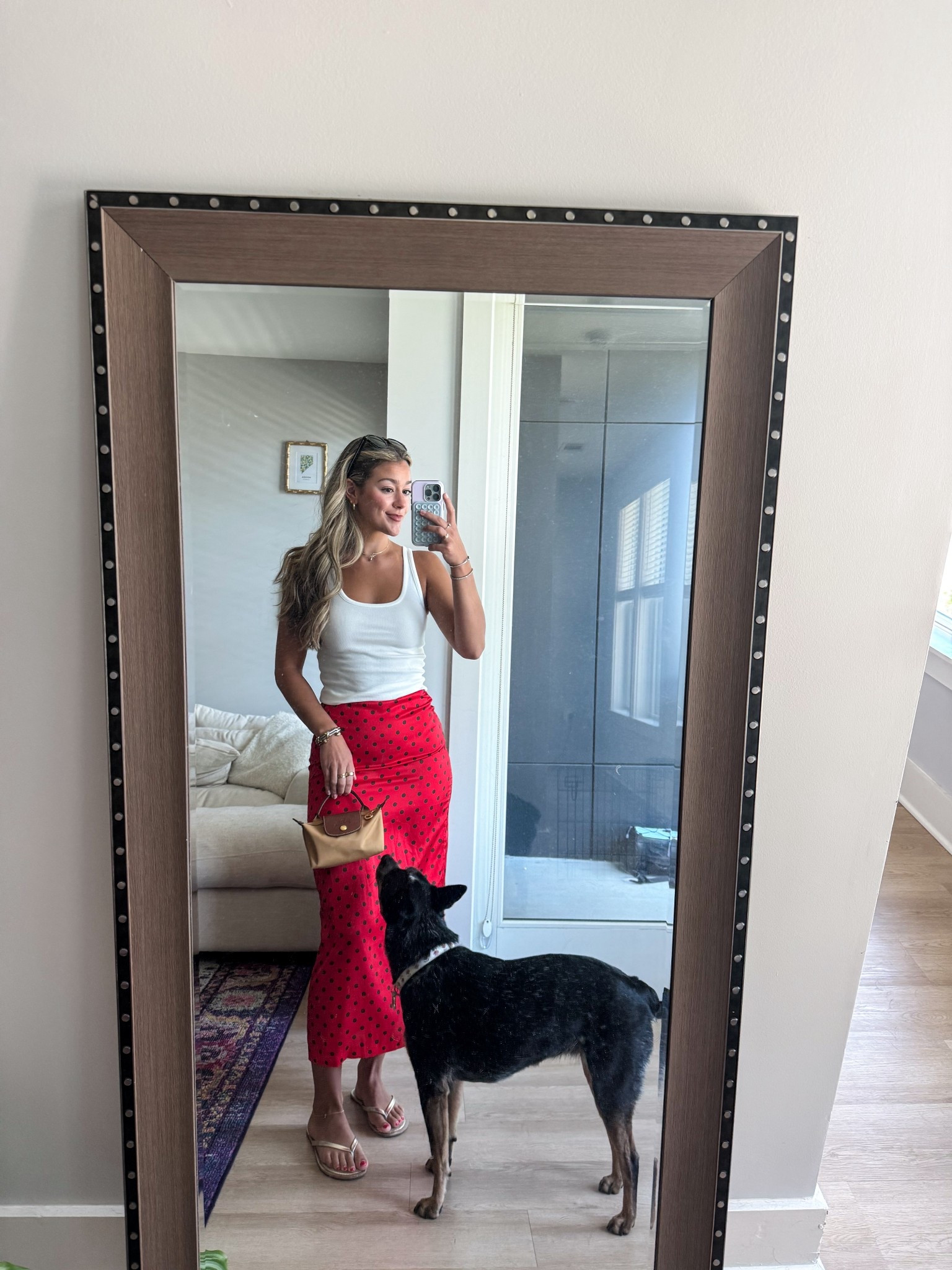 saturday funday! 🐞🥂🕺🏼
•top: old navy
•skirt: Zara from like 3 years ago (linked similar) 
•shoes: j. crew
•bag: longchamp
•sunglasses: prada
•dog: one of a kind 😆 

#LTKSeasonal #LTKFindsUnder100 #LTKStyleTip