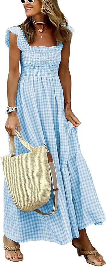 Women's Sleeveless Strap Retro Plaid A-Line Smocked Maxi Long Dress with Ruffled Hem | Amazon (US)