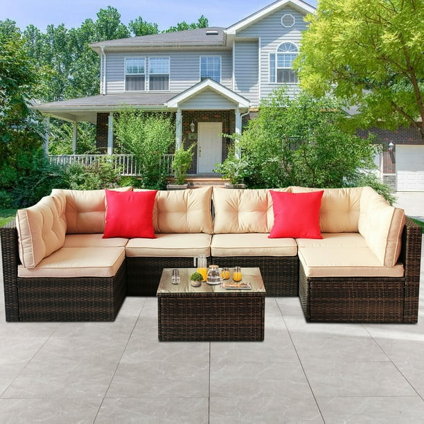 7 Piece Rattan Sectional Sofa Set, Outdoor Conversation Set, All-Weather Wicker Sectional Seating... | Walmart (US)