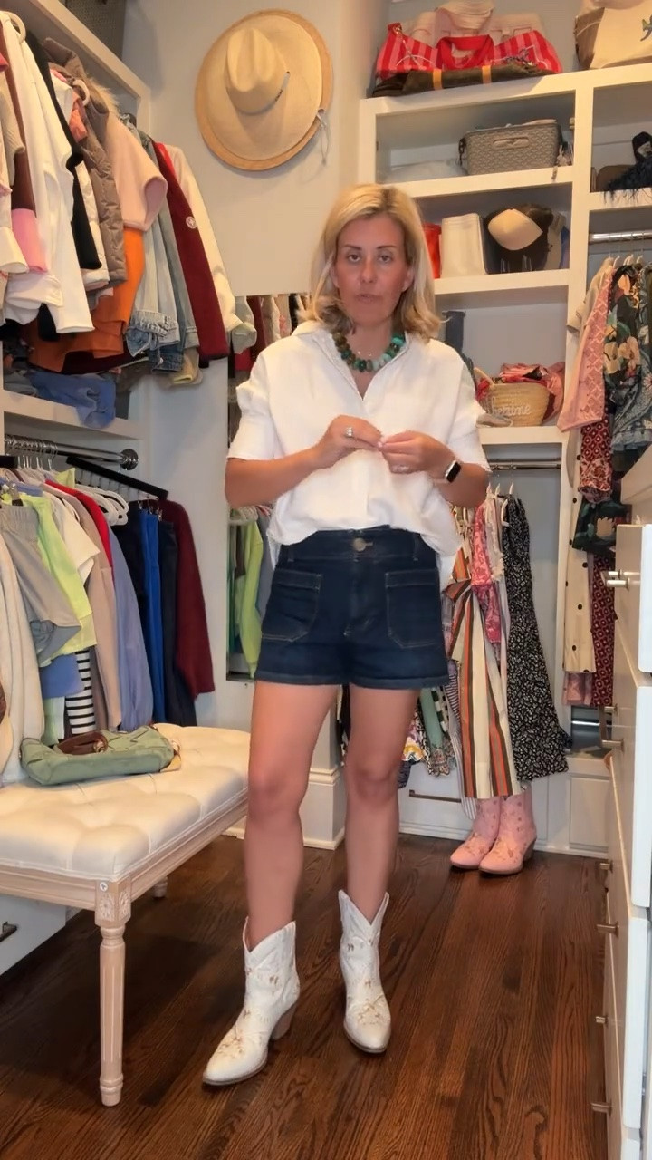 I think this should be our uniform…endless styling possibilities with a white top and denim shorts. 

Sizing:
Top - xs
Shorts - 27
Boots - 8 tts 

#LTKdayinmylife #LTKSeasonal #LTKOver40