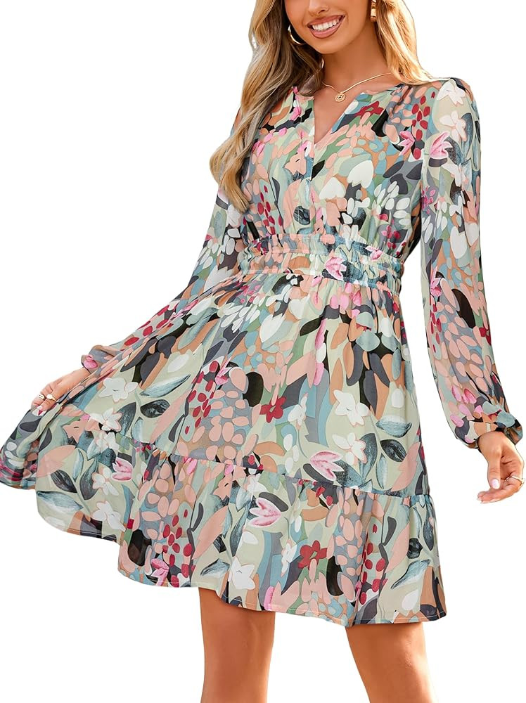 Simplee Womens Fall Floral Mini Dress 2025 Long Sleeve Boho Chiffon Short Dress Casual Flowy Wedd... | Amazon (US)