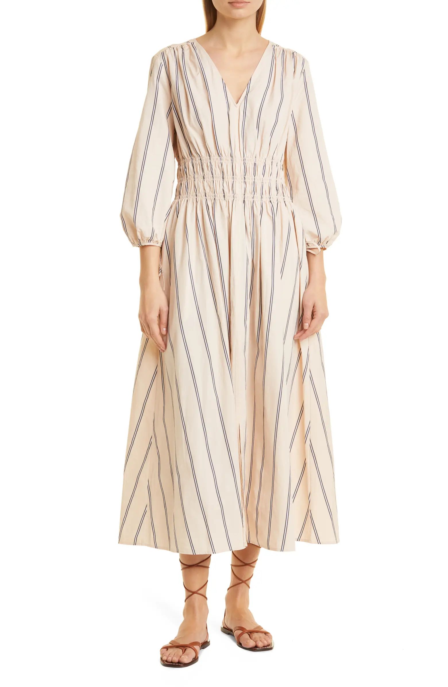 Stripe Poplin Long Sleeve Midi Dress | Nordstrom