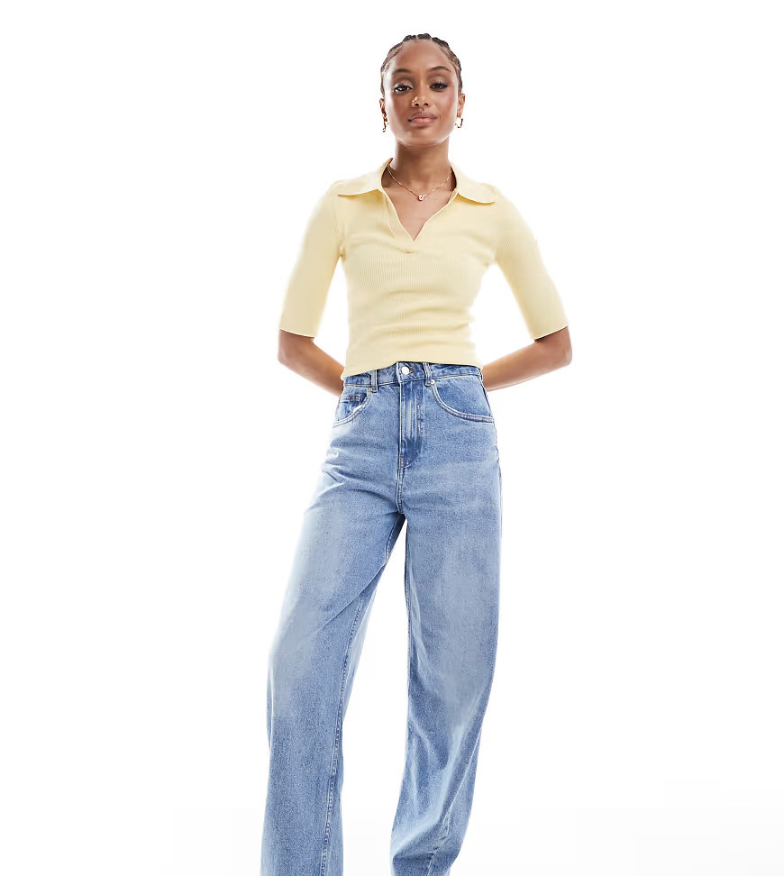 ASOS DESIGN Tall high waist barrel leg jeans in light mid blue | ASOS (Global)