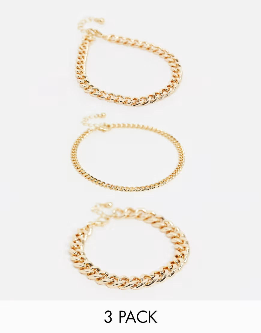ASOS DESIGN pack of 3 anklets in mixed size curb chains in gold tone | ASOS (Global)