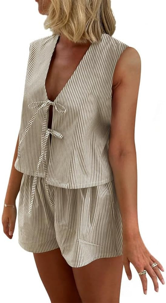 Women Casual Summer Lounge Set Y2k 2 Piece Outfits Set Sleeveless Tie Front Tank Top Vest Boxer S... | Amazon (US)