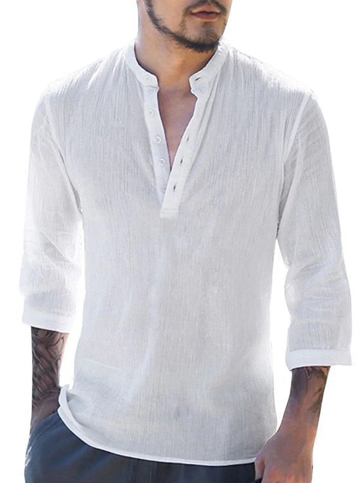 HIMONE Men Henley Neck 3/4 Sleeve Leisure Linen Cotton Shirts Solid Summer Dry Fit Slim Tee Top V... | Walmart (US)