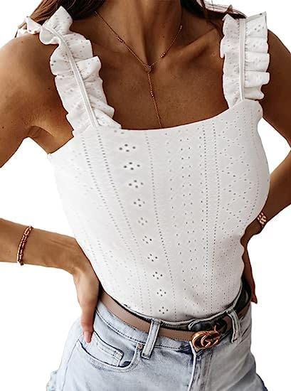 Remidoo Women's Causal Sleeveless Frill Trim Strap Ribbed Knit Cami Tank Top | Amazon (US)