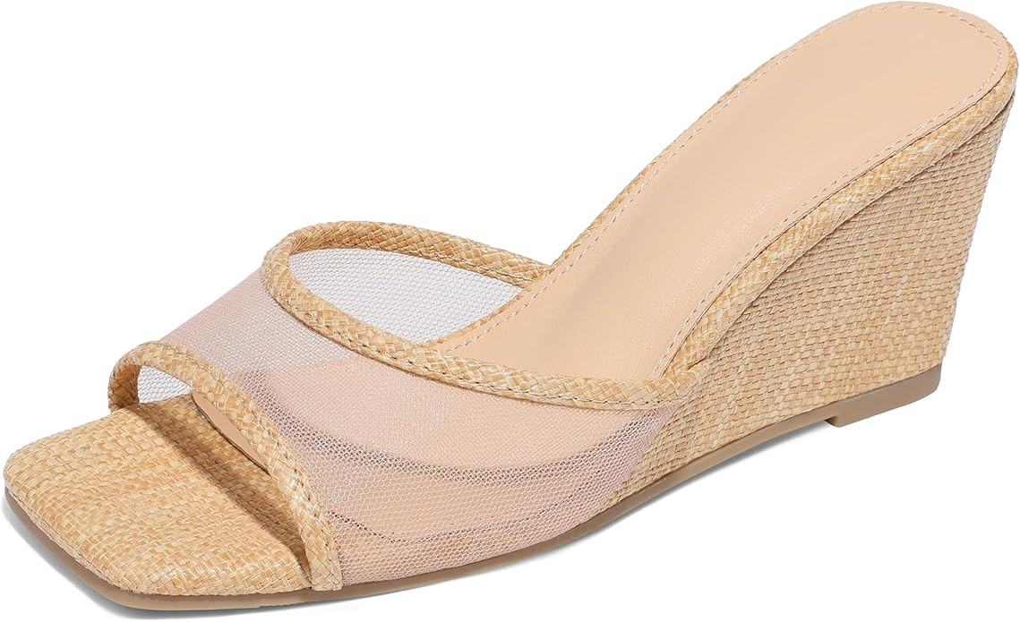 Erocalli Wedge Sandals for Women Square Open Toe Raffia Dressy Sandals Comfortable Mesh Beach Sum... | Amazon (US)