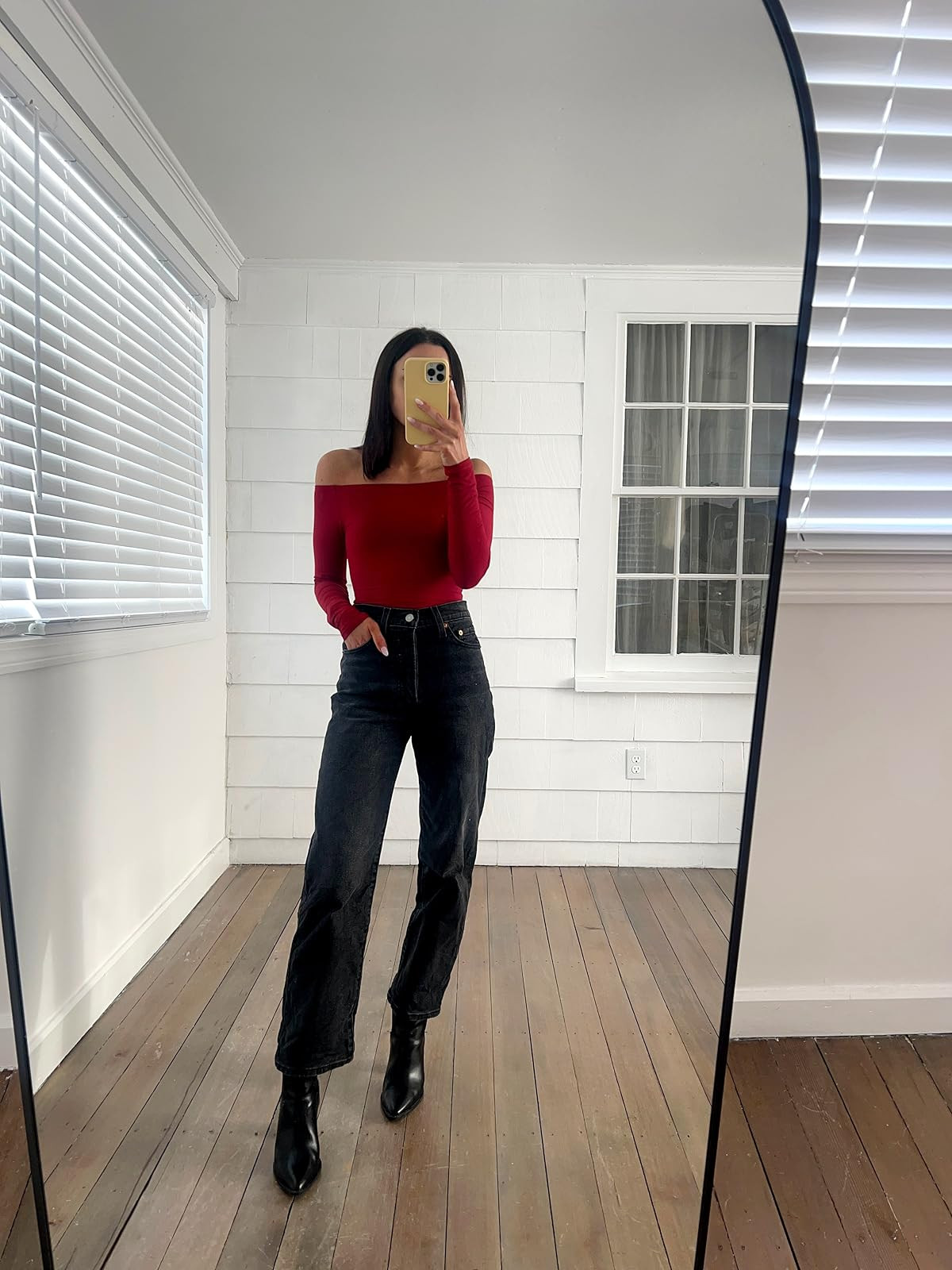 Valentines day outfit- top in XS, lovee these jeans! Boots true to size. Red off shoulder top/black straight ankle jeans/ankle booties
 

 #LTKPetite #LTKFindsUnder100