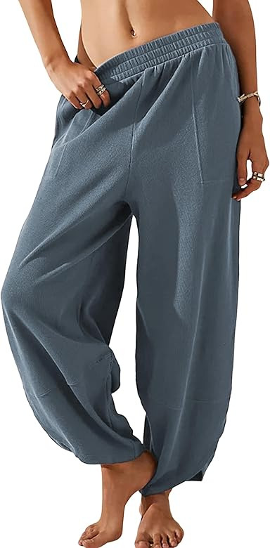 Himosyber Women Cotton Pants Wide Leg Pants Casual Loose Baggy Elastic Waist Beach Palazzo Harem ... | Amazon (US)