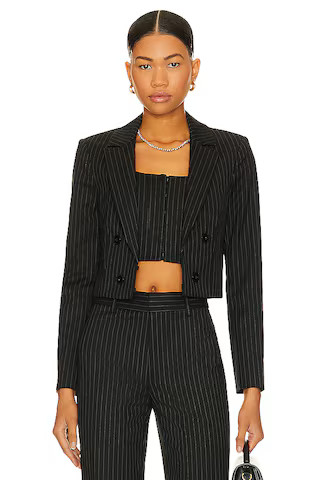 Alice + Olivia Mya Crpd Ntch Col Ftd Blzr in Black Pinstripe from Revolve.com | Revolve Clothing (Global)