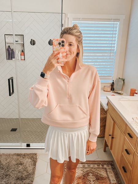 Softest quarter zip pink sweater for tennis or every day 💗 lulu dupe! Pair with white tennis skirt under $30 from Amazon and Target. Tennis outfit, spring outfit 

#LTKfindsunder50 #LTKstyletip #LTKSeasonal