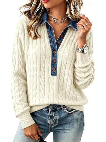 Womens Sweaters Lapel Denim Collared Cable Knit Sweater Patchwork Polo Tops | Amazon (US)