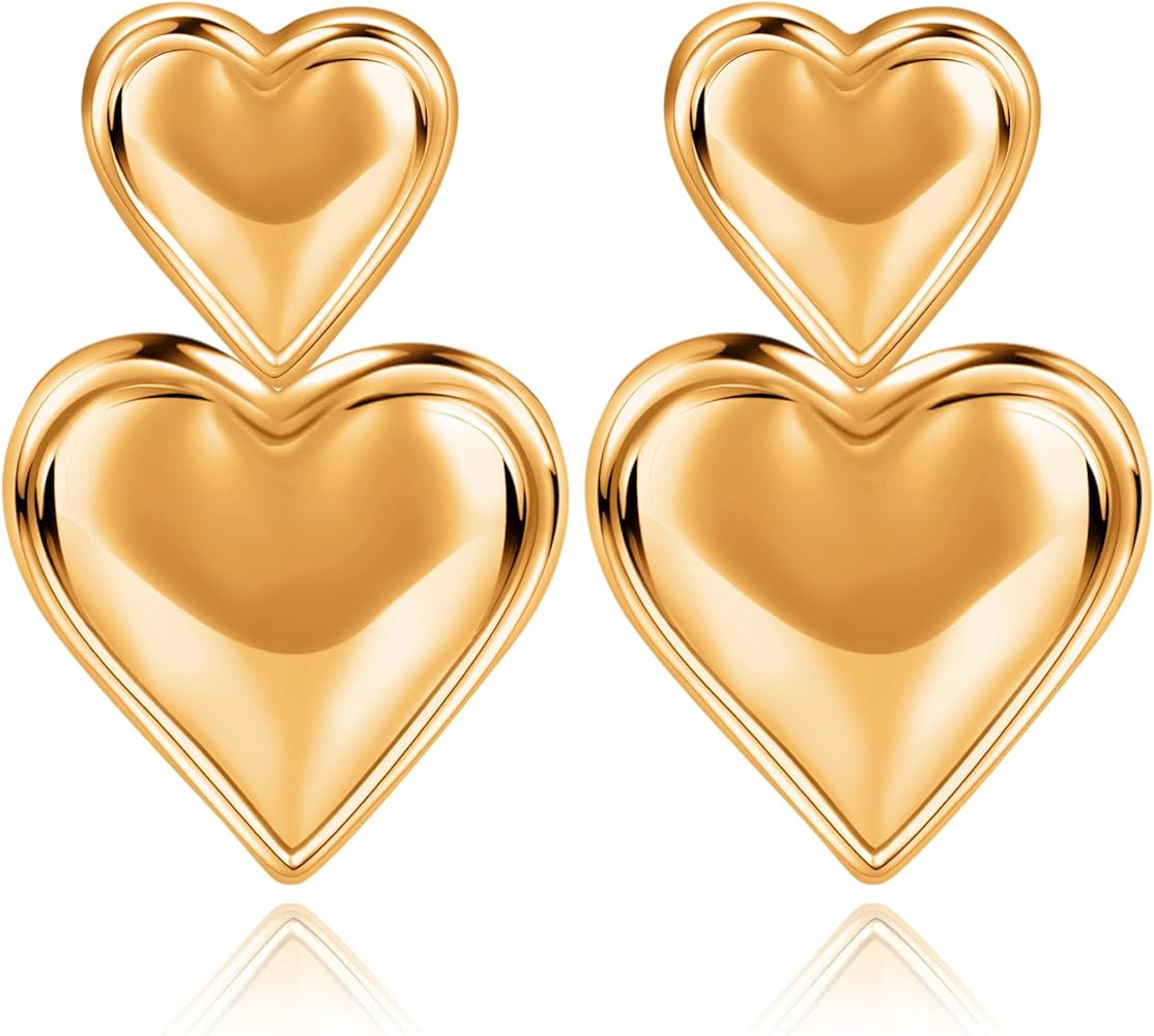LEE&RO Gold Heart Earrings Dangle Heart Drop Earrings 18K Gold Statement Heart Earrings for Women Ch | Amazon (US)