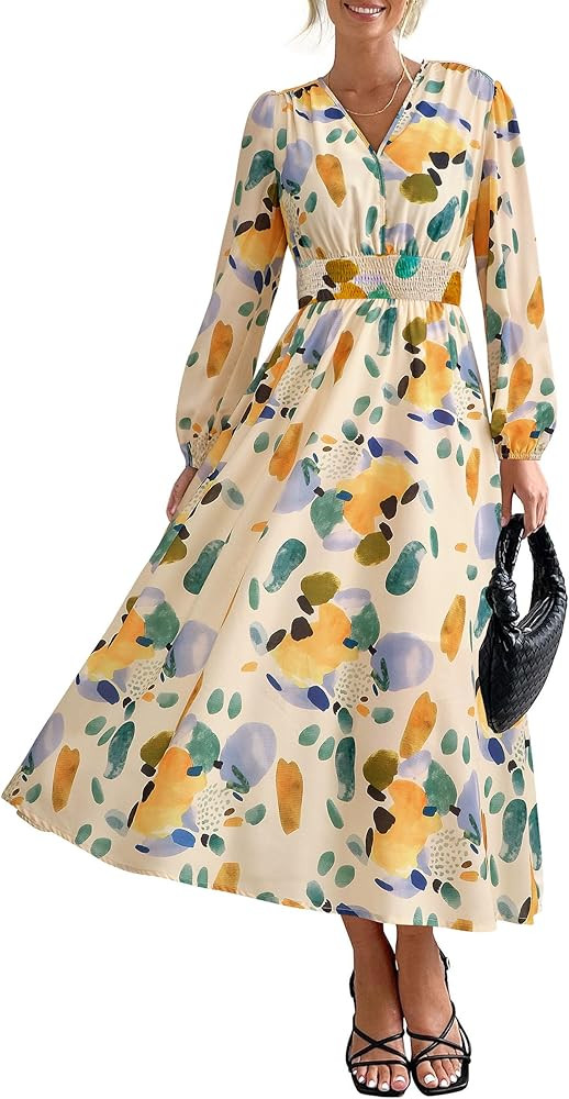 PRETTYGARDEN Floral Midi Dress, Casual V Neck Long Sleeve Flowy | Amazon (US)