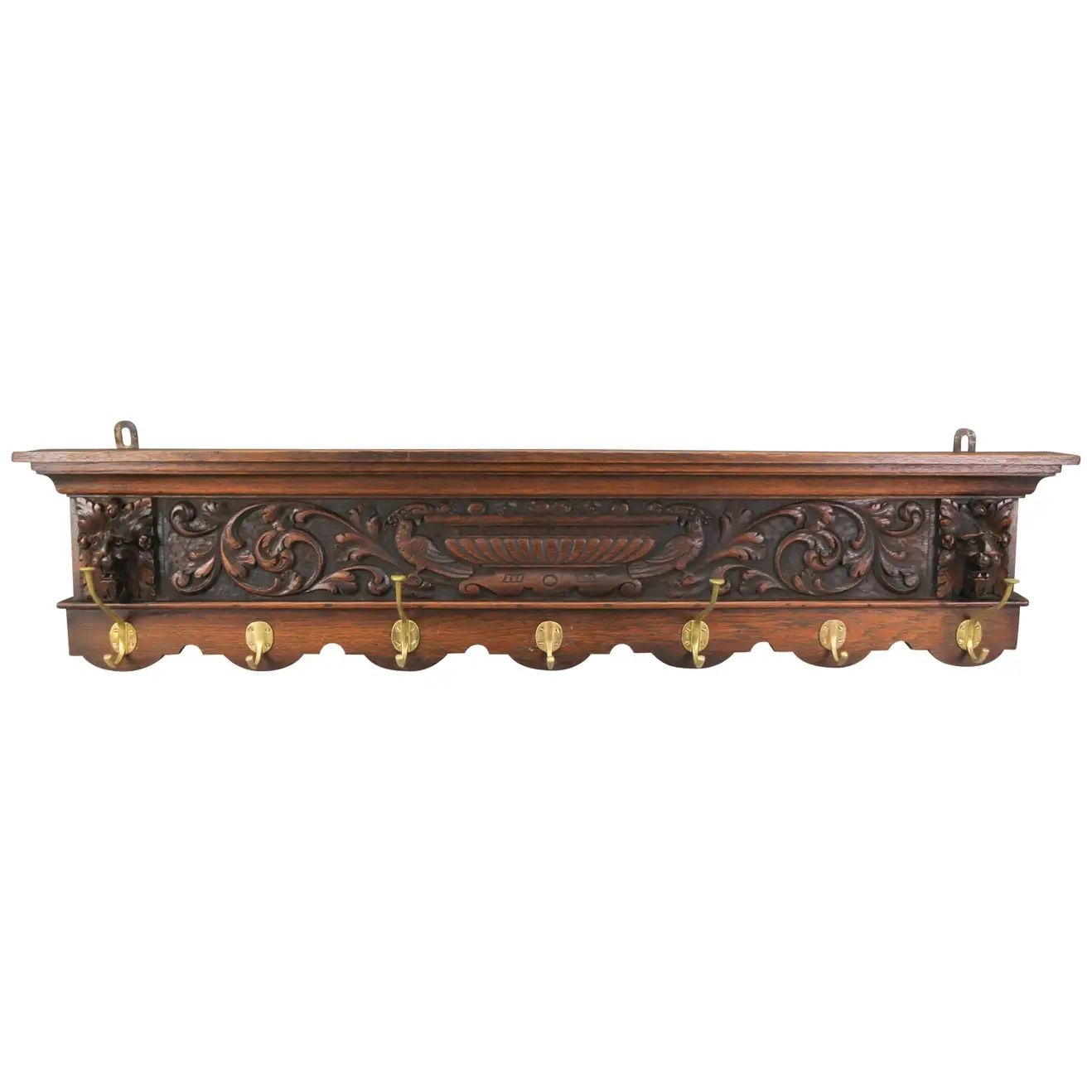 Antique French Hand-Carved Oak and Brass Wall Coat Rack with Lion Heads, 1900s | 1stDibs