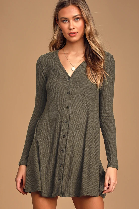 Sweet Comfort Heather Olive Green Button-Front Sweater Dress | Lulus (US)