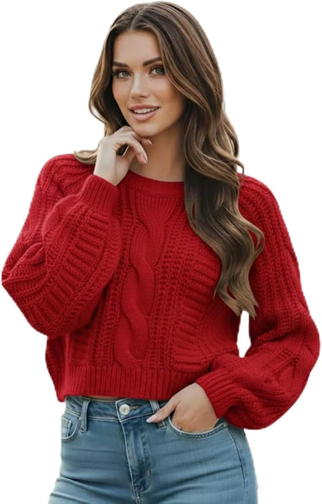 Women's Cropped Cable Knit Sweater, Soft and Warm Long Sleeve Pullover, Casual Knit Top for Fall ... | Amazon (US)