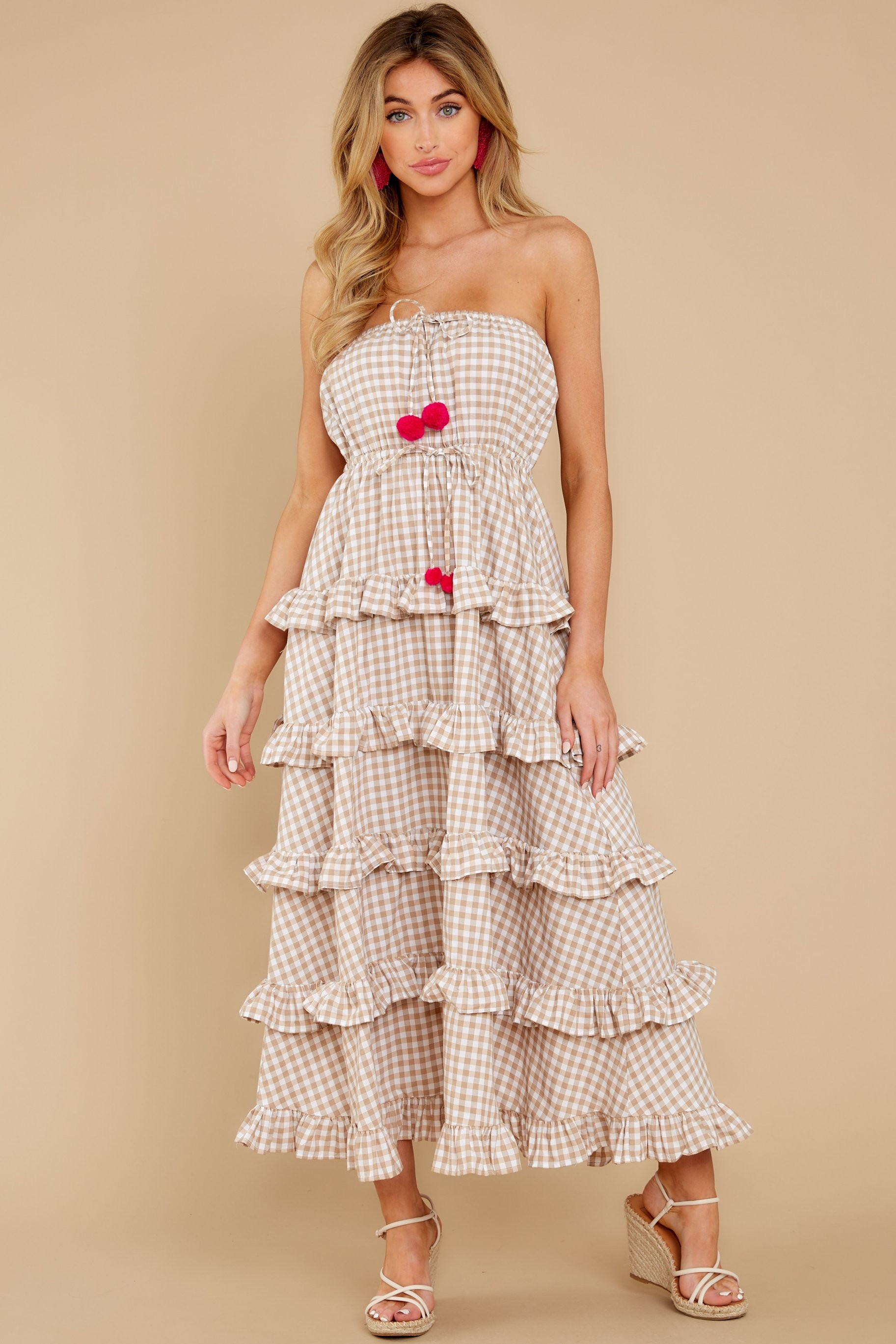 Jasmin Beige Gingham Midi Dress | Red Dress 