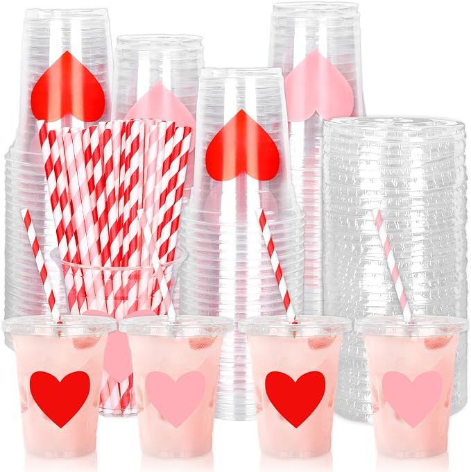 Whaline 50Pcs Valentine's Day Disposable Plastic Cups With Lids And Straws 12oz Party Cups Red Pi... | Amazon (US)
