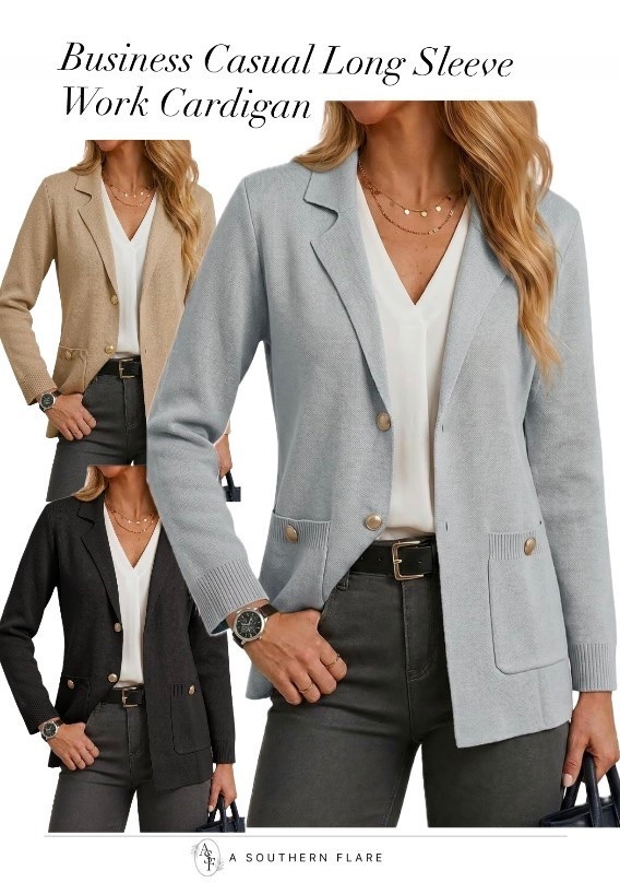Elevate your work wardrobe with these stylish cardigans. Perfect for any professional setting. #WorkWear #BusinessCasual / pants / loafers / jacket