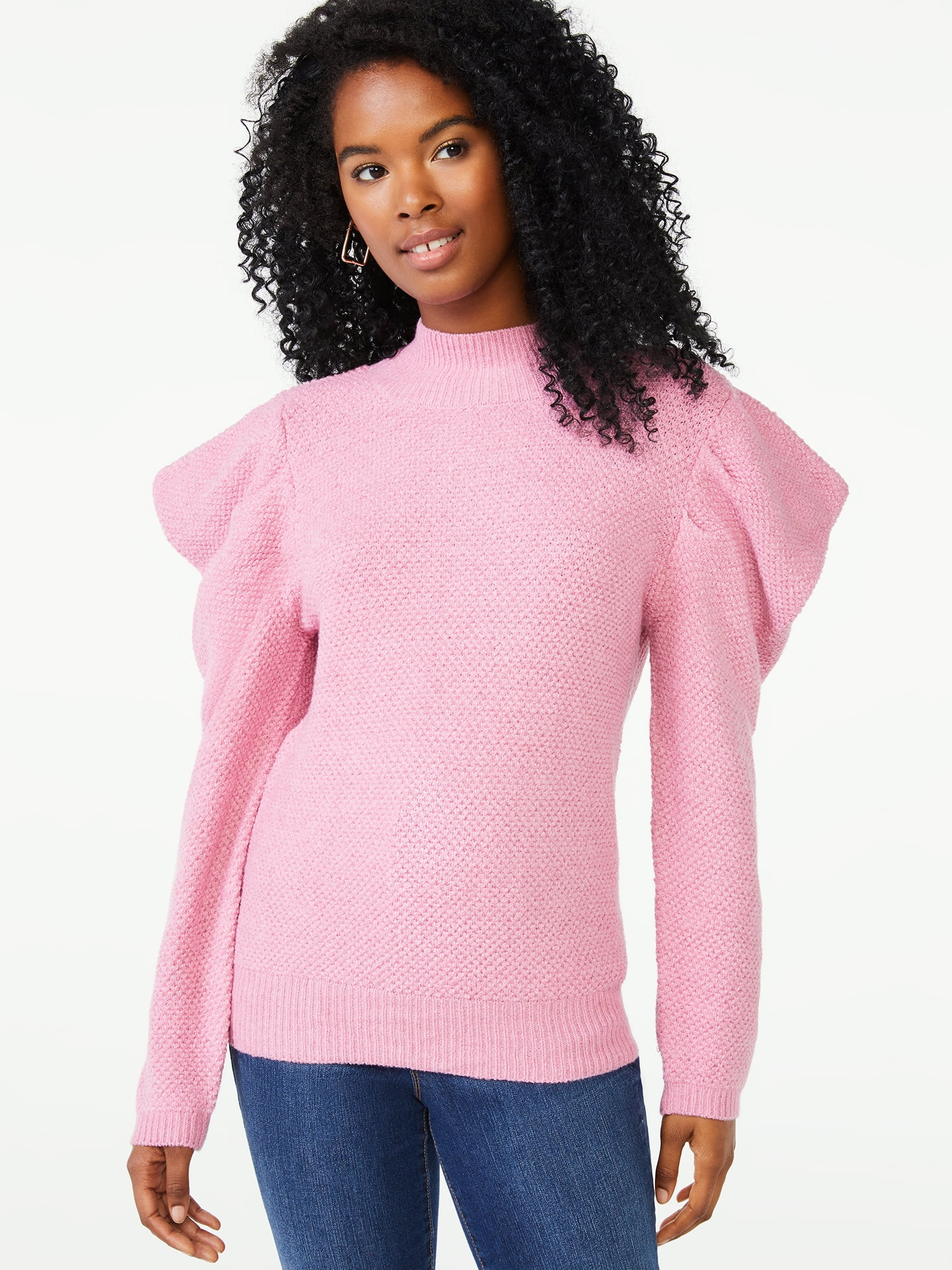 Scoop Women's Mock Neck Sweater with Pleated Puff Sleeves | Walmart (US)