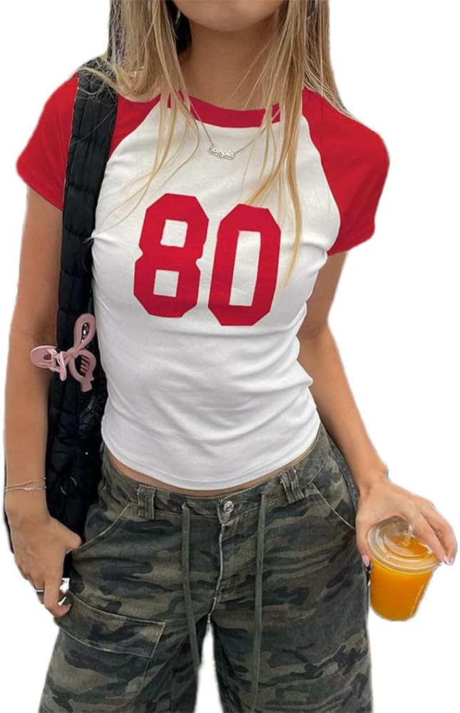 Women Number Baby Tees Short Sleeve Jersey Crop Top Slim Fit Crewneck Shirt Y2k Graphic T-Shirt V... | Amazon (US)