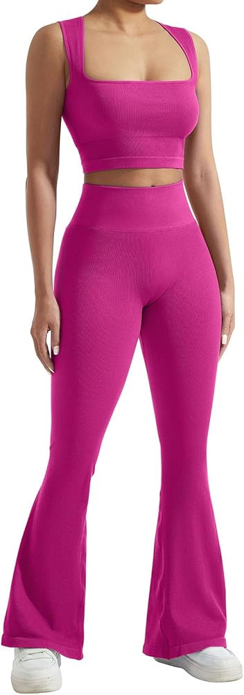 SUUKSESS Women Seamless Gym Set Tummy Control Flare Legging Square Neck Crop Top | Amazon (US)