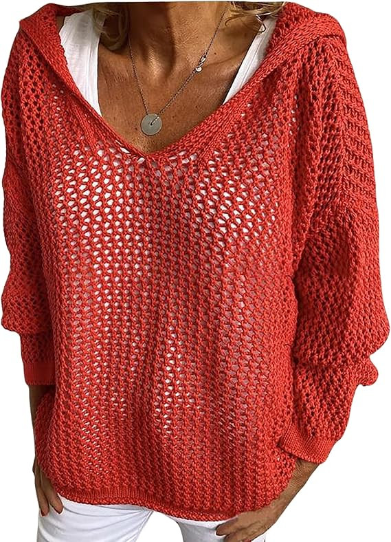 CORIRESHA Women's Hollow Out Knit Hoodies Sweater Long Sleeve Crochet Top Beach Cover Up | Amazon (US)