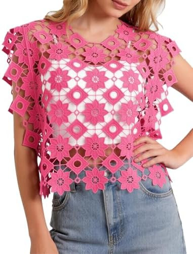 Flygo Womens Hollow Out Floral Lace Vest Cropped Embroideried Summer Crochet Coverup 2026 Trendy ... | Amazon (US)