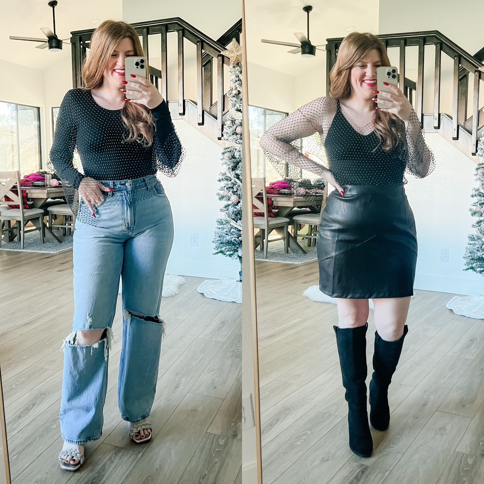 New Year’s Eve outfits from amazon. Rhinestone top size large. Black bodysuit. Knee high boots. Leather skirt. 

#LTKHoliday #LTKstyletip #LTKsalealert