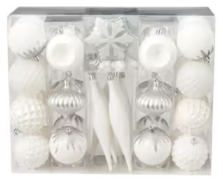 For Living White Collection Shatterproof Christmas Ornament Set, Assorted Style & Size, 40-pc | Canadian Tire