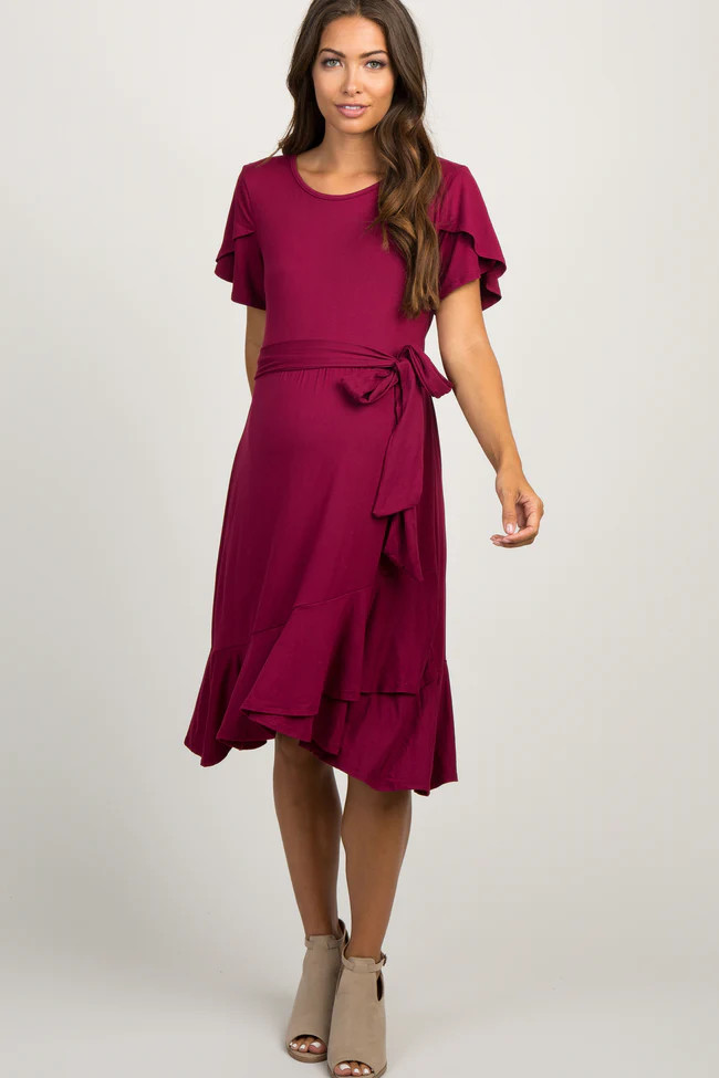 Burgundy Solid Flounce Trim Maternity Dress | PinkBlush Maternity