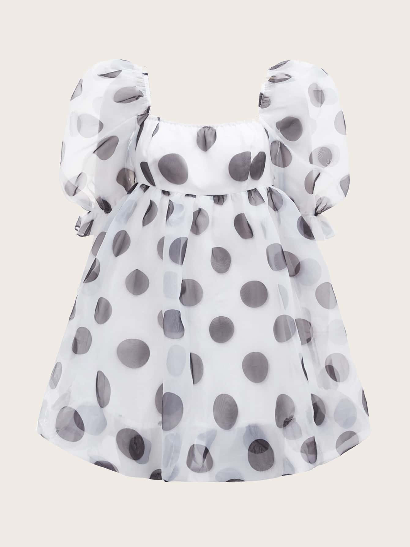 SHEIN Polka Dot Print Puff Sleeve Organza Dress | SHEIN
