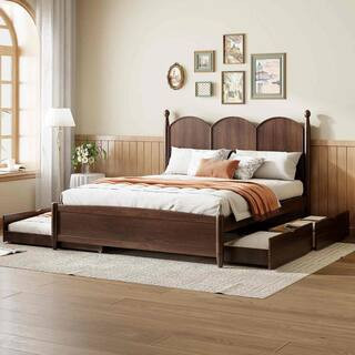 Walnut Brown Wood Frame Queen Upholstered Platform Bed with 2 Big Drawers, Twin XL Size Trundle | The Home Depot