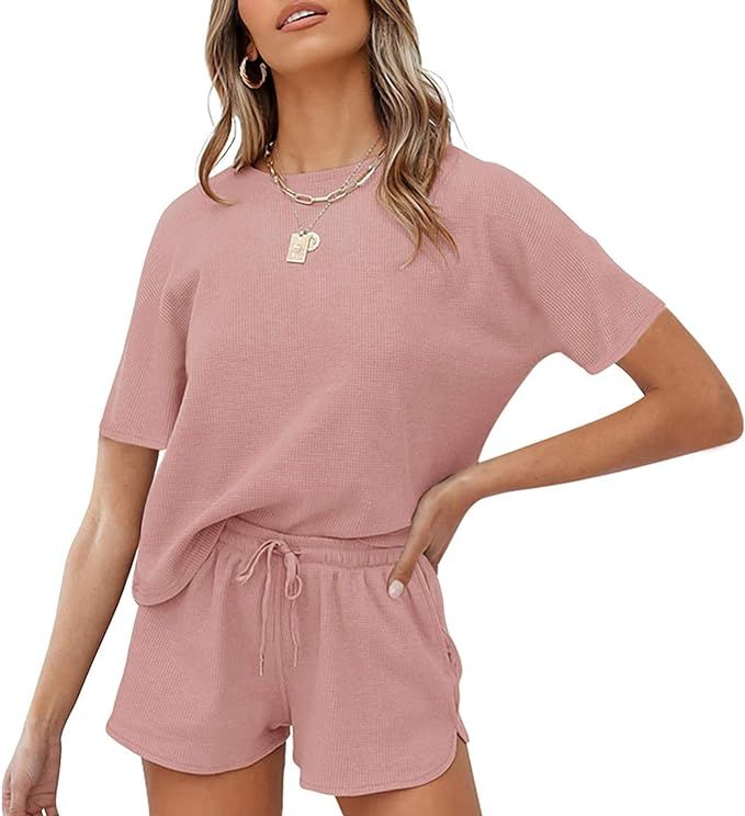 MEROKEETY Women's Short Sleeve Waffle Pajama Sets Lounge Top and Shorts 2 Piece Tracksuit Outfits... | Amazon (US)
