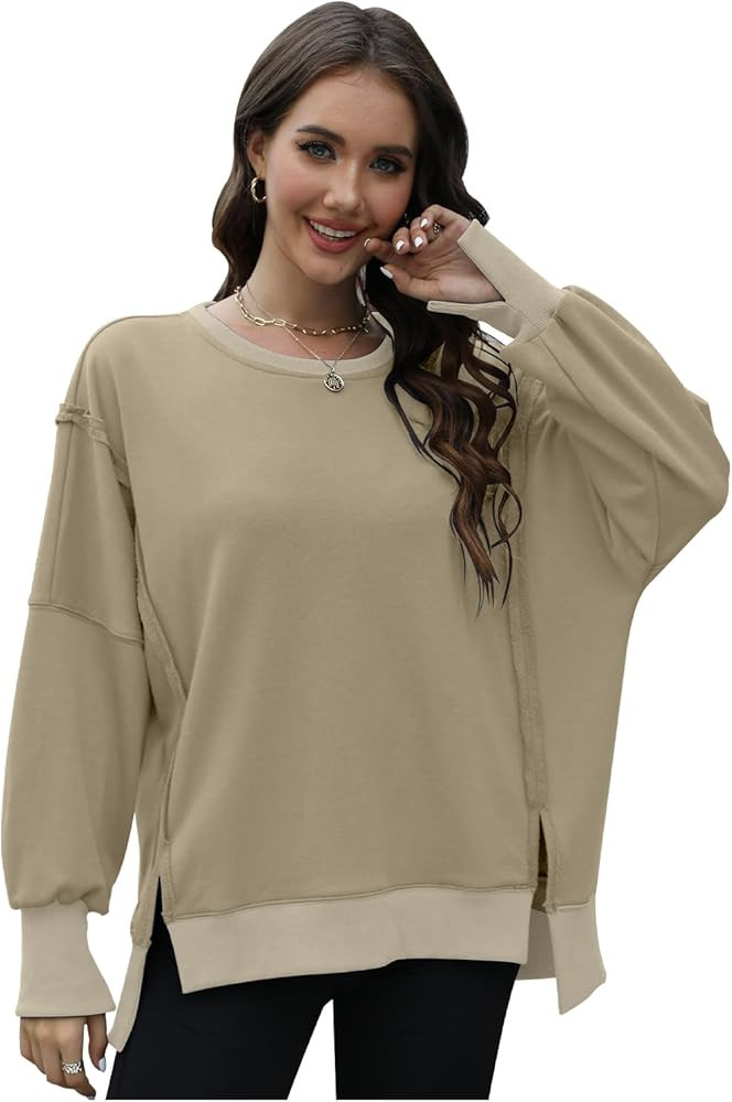 GUNEST Womens Oversized Sweatshirts Crew Neck Long Sleeve Hoodies Casual Slit Sloucthy 2023 Trend... | Amazon (US)