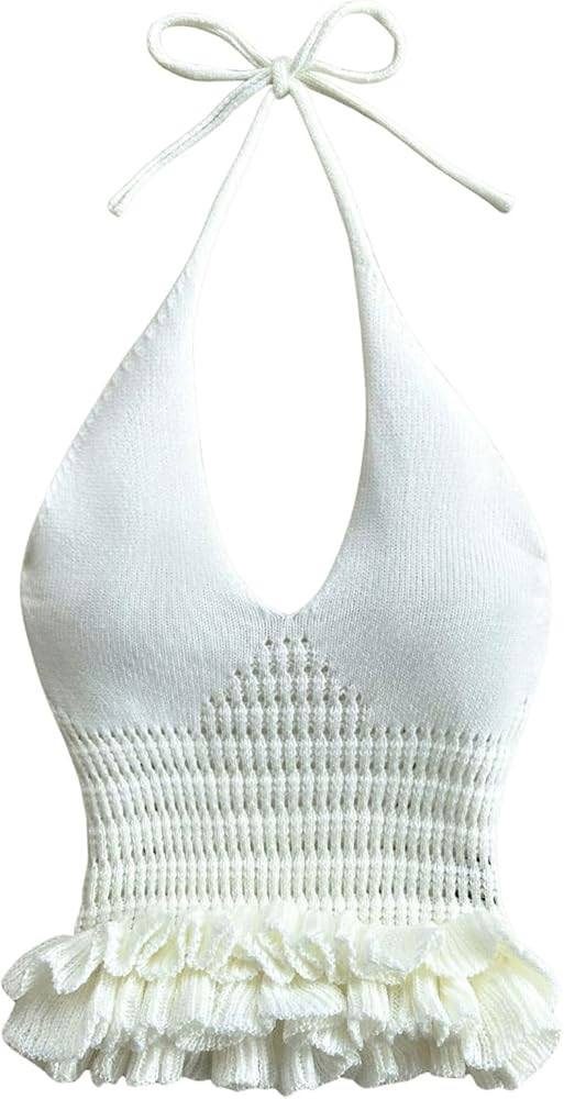 GORGLITTER Women's Crochet Halter Tops Backless Ruffle Coquette Knitted Crop Top | Amazon (US)