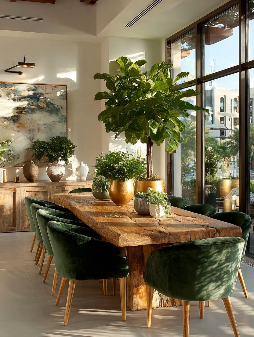 California-style dining… but elevated.

There’s something effortlessly beautiful about this space—the raw, oversized natural wood table, the soft sunlight, and those rich emerald velvet chairs that instantly ground the room in elegance. It feels warm, organic, and refined all at once.

You can easily personalize this look. Keep it classic with green, or go bolder with burgundy or deep navy chairs—they all pair beautifully with natural wood tones.

But here’s the detail that truly completes the space: the gold planters.

That subtle touch of gold layered into an otherwise earthy palette is what transforms this from “nice” to quietly luxurious. It’s the contrast that makes everything feel intentional.

Add fresh greenery, a few candles in the evening, and a beautifully set table—and suddenly, dining becomes an experience, not just a routine.

This is how you create a space people don’t want to leave.

Explore dining tables, chairs, and decor—product options linked below.

#diningroomdecor #modernhome #interiorstyling #luxuryhome #homedecor 

 #LTKHome