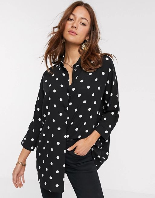 ASOS DESIGN long sleeve oversized shirt in mono polka dot | ASOS (Global)